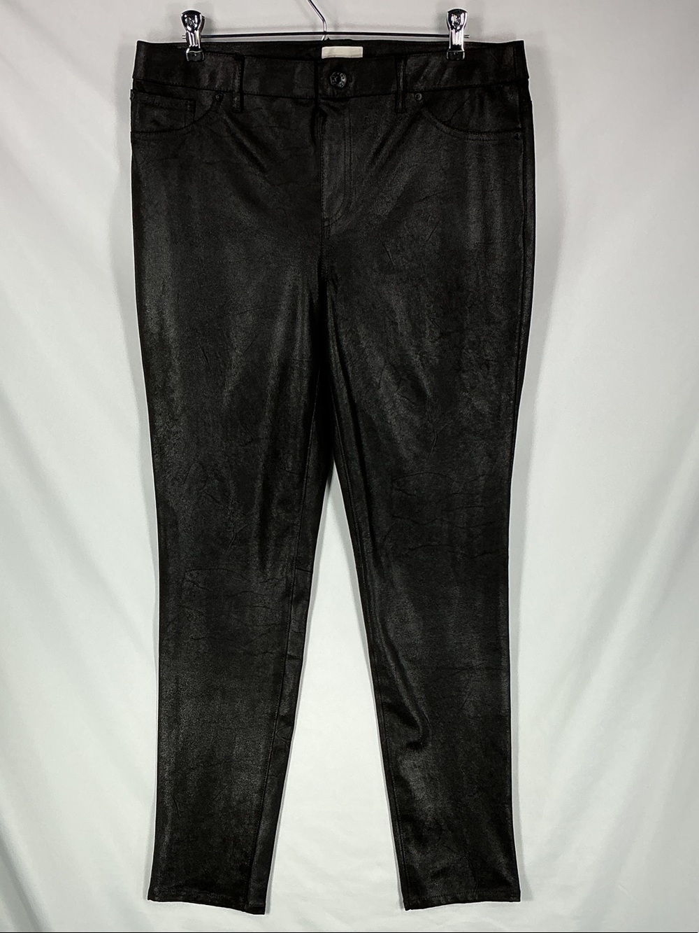 Chico's Black Coated Metallic Foil Skinny Pants 1 M 8 10 Stretch Slim Trousers